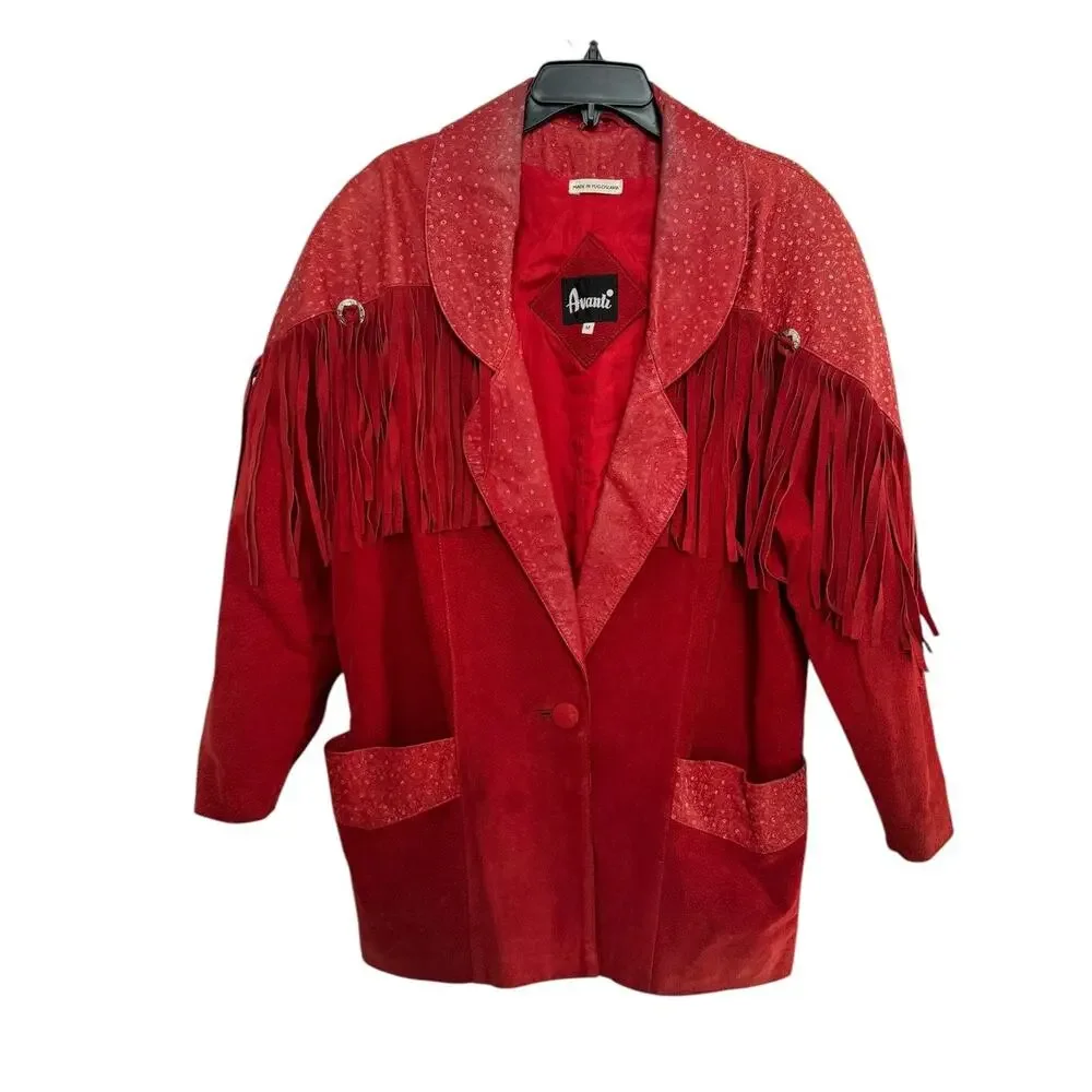 Vintage 1980s Avanti Red Suede Western Fringe Frontier Leather Coat medium - Picture 2 of 16